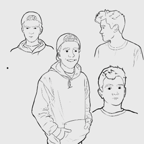 The image presents four sketches of a comic book character named Luke. Each sketch shows Luke with different facial expressions and from various angles. In the top left sketch, Luke is wearing a cap facing forward and a zip-up jacket, looking directly at the viewer with a neutral expression. In the top right corner, he is seen in profile, with a slight smile. The larger sketch at the central bottom shows Luke smiling broadly, wearing a hoodie with his hands in the front pocket. The smaller drawing at the bottom shows Luke's head facing forward, with a restrained smile and hair styled upwards. The sketches are done with black lines, detailed but without shading, conveying Luke's friendly and relaxed personality. The drawings seem to be in a preliminary phase, perhaps as part of character development for the comic book.